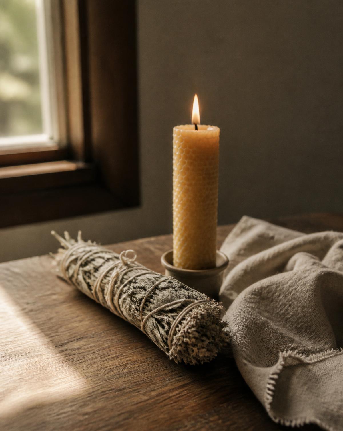 A lit beeswax candle beside a bundle of dried sage on a wooden table
